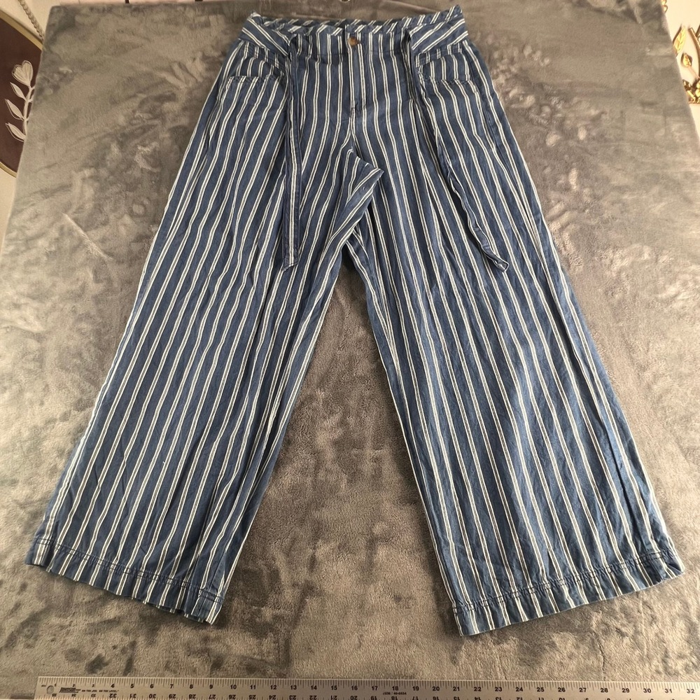 American Eagle Blue White Striped Wide Leg Crop Pants Tie Waist 100% Cotton 14